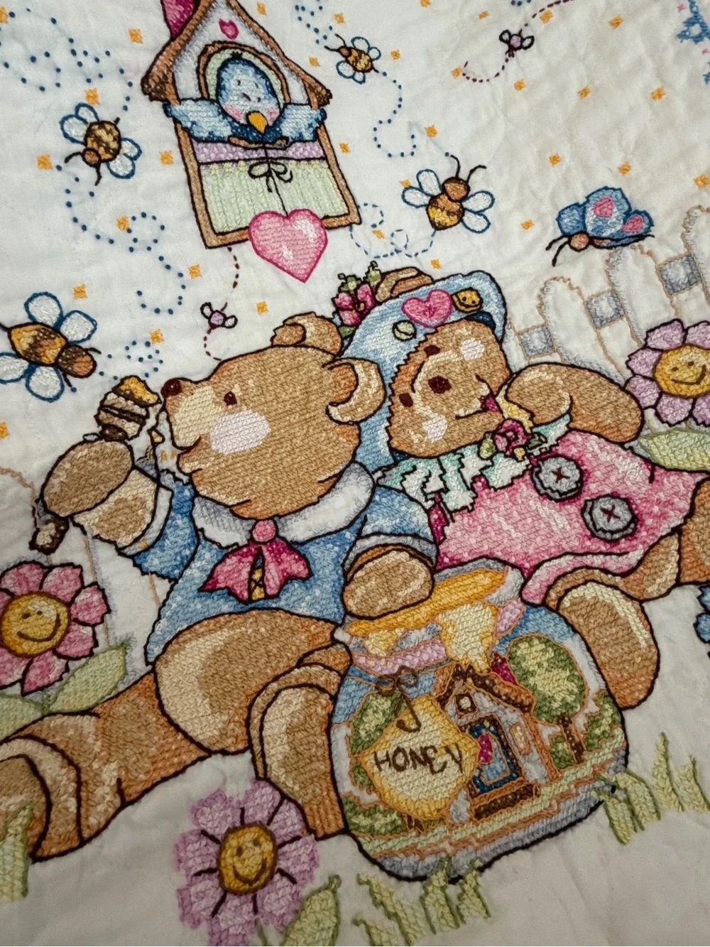 Children's White Quilted Bedding with Pastel Bear Embroidery